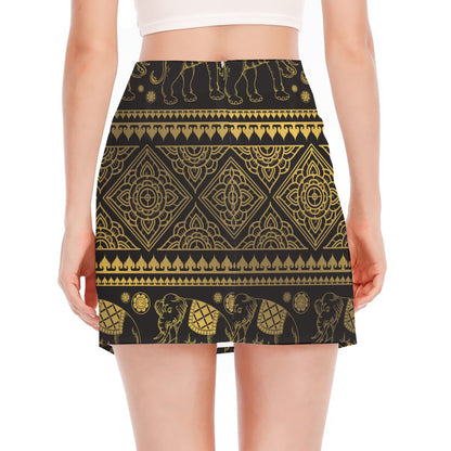 Ethnic Thai Elephant Pattern Print Side Slit Mini Skirt
