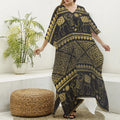 Ethnic Thai Elephant Pattern Print Silk V-Neck Kaftan Dress