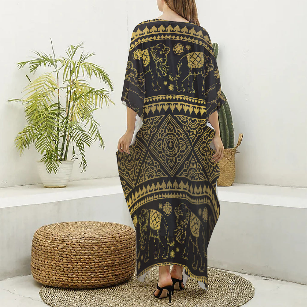 Ethnic Thai Elephant Pattern Print Silk V-Neck Kaftan Dress