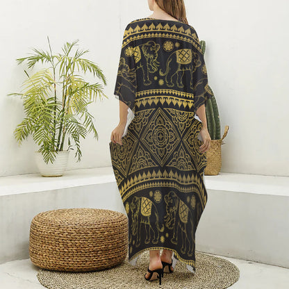 Ethnic Thai Elephant Pattern Print Silk V-Neck Kaftan Dress