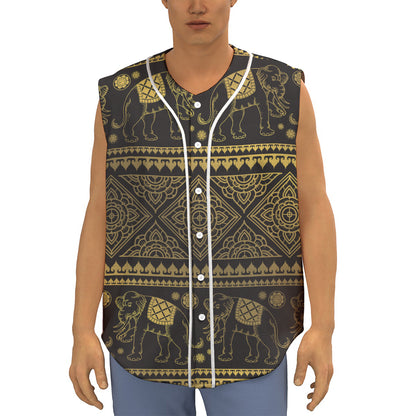 Ethnic Thai Elephant Pattern Print Sleeveless Baseball Jersey