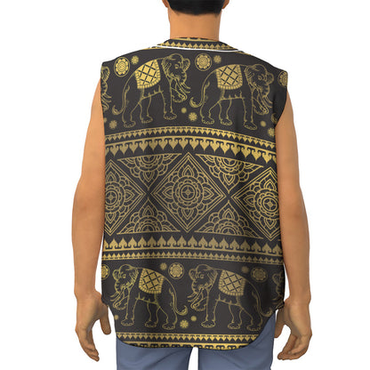 Ethnic Thai Elephant Pattern Print Sleeveless Baseball Jersey