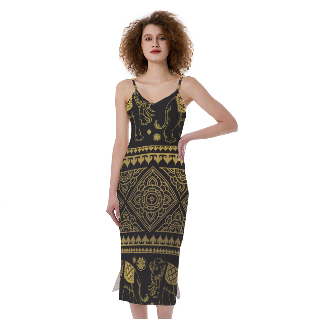 Ethnic Thai Elephant Pattern Print Slim Fit Midi Cami Dress