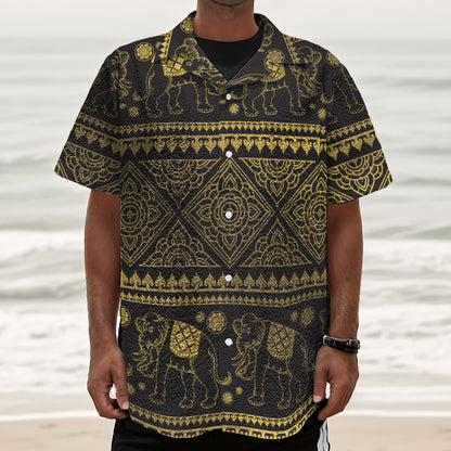 Ethnic Thai Elephant Pattern Print Textured Short Sleeve Shirt