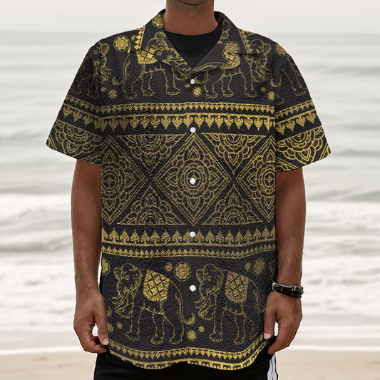 Ethnic Thai Elephant Pattern Print Textured Short Sleeve Shirt