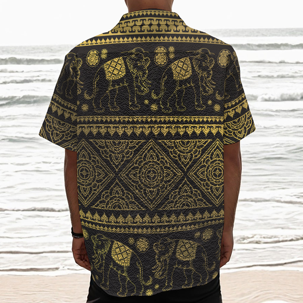 Ethnic Thai Elephant Pattern Print Textured Short Sleeve Shirt