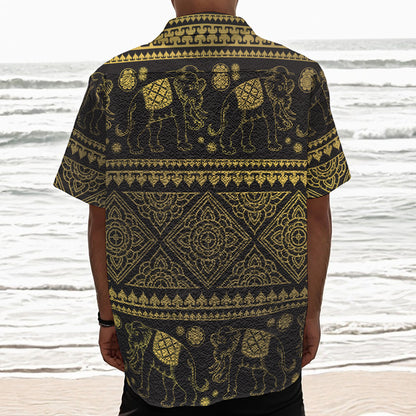 Ethnic Thai Elephant Pattern Print Textured Short Sleeve Shirt
