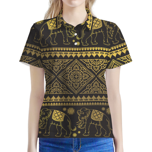 Ethnic Thai Elephant Pattern Print Women's Polo Shirt