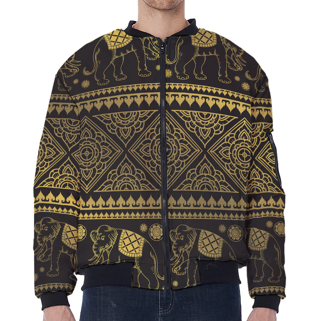 Ethnic Thai Elephant Pattern Print Zip Sleeve Bomber Jacket