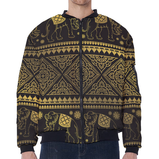Ethnic Thai Elephant Pattern Print Zip Sleeve Bomber Jacket