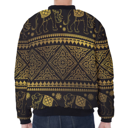 Ethnic Thai Elephant Pattern Print Zip Sleeve Bomber Jacket