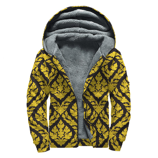 Ethnic Thai Pattern Print Sherpa Lined Zip Up Hoodie