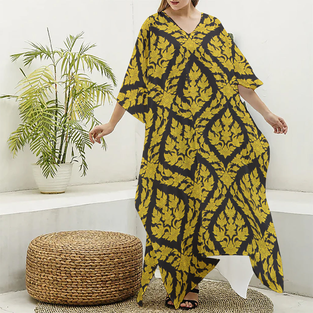 Ethnic Thai Pattern Print Silk V-Neck Kaftan Dress