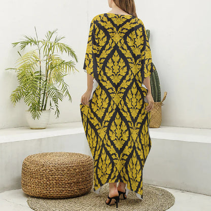 Ethnic Thai Pattern Print Silk V-Neck Kaftan Dress