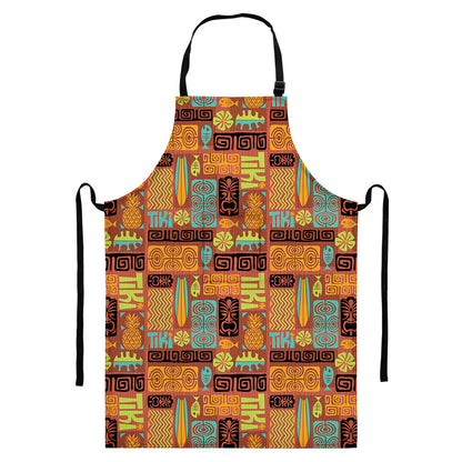 Ethnic Tiki Pattern Print Bib Apron With Pocket