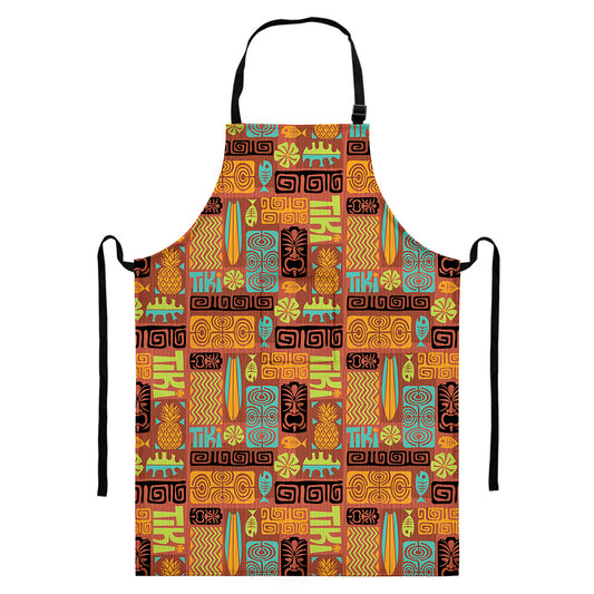 Ethnic Tiki Pattern Print Bib Apron With Pocket