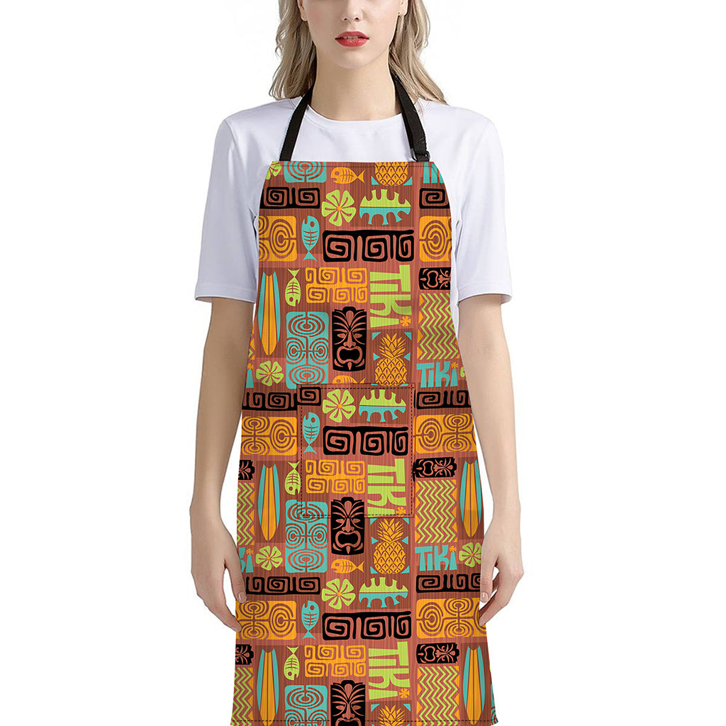 Ethnic Tiki Pattern Print Bib Apron With Pocket