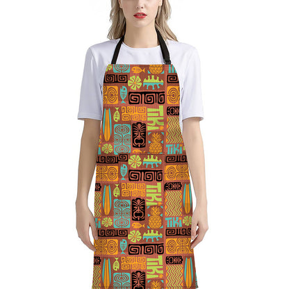 Ethnic Tiki Pattern Print Bib Apron With Pocket