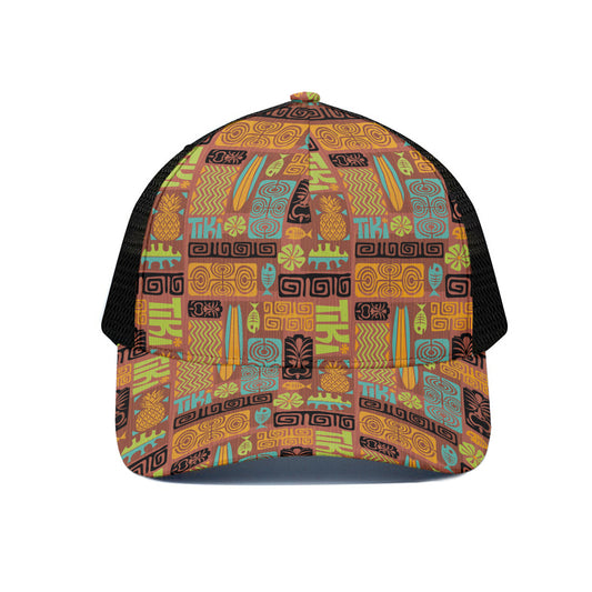 Ethnic Tiki Pattern Print Black Mesh Trucker Cap