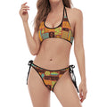 Ethnic Tiki Pattern Print Halter Scoop Tie Side Bikini