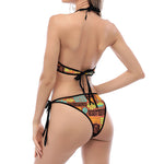 Ethnic Tiki Pattern Print Halter Scoop Tie Side Bikini