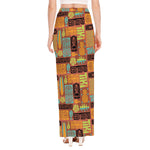 Ethnic Tiki Pattern Print High Slit Maxi Skirt