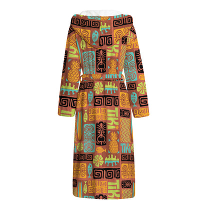 Ethnic Tiki Pattern Print Hooded Bathrobe