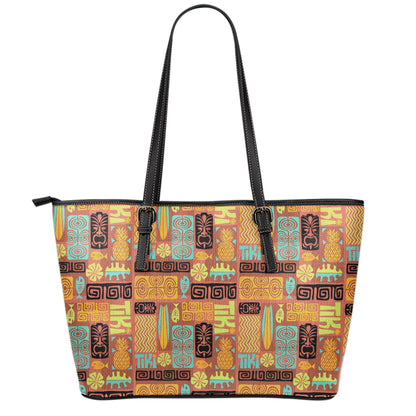 Ethnic Tiki Pattern Print Leather Tote Bag