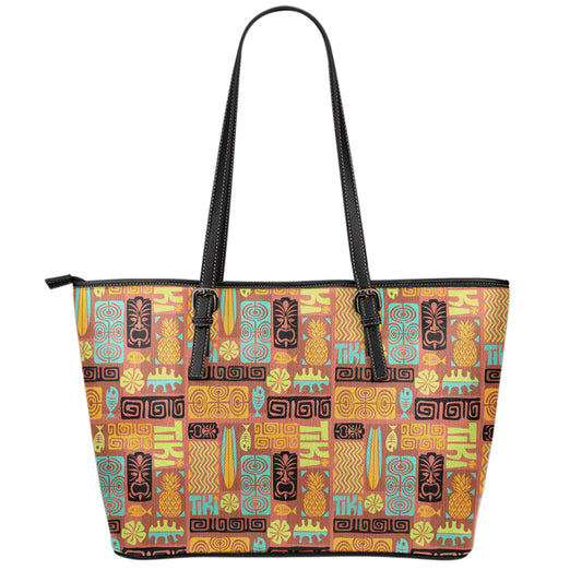 Ethnic Tiki Pattern Print Leather Tote Bag
