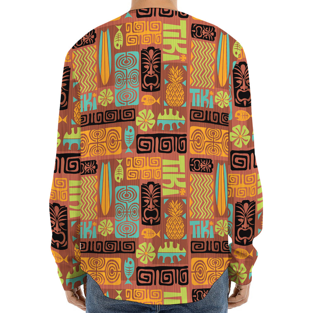Ethnic Tiki Pattern Print Long Sleeve Baseball Jersey