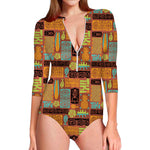 Ethnic Tiki Pattern Print Long Sleeve Swimsuit