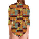 Ethnic Tiki Pattern Print Long Sleeve Swimsuit