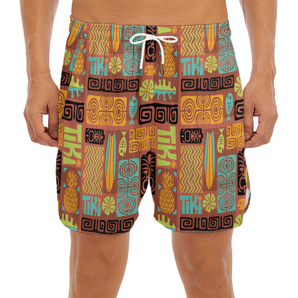 Ethnic Tiki Pattern Print Men's Split Running Shorts