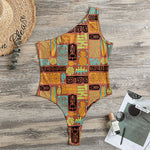 Ethnic Tiki Pattern Print One Shoulder Bodysuit