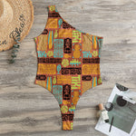 Ethnic Tiki Pattern Print One Shoulder Bodysuit