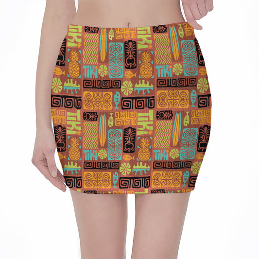 Ethnic Tiki Pattern Print Pencil Mini Skirt
