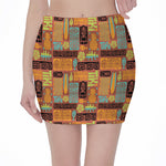 Ethnic Tiki Pattern Print Pencil Mini Skirt