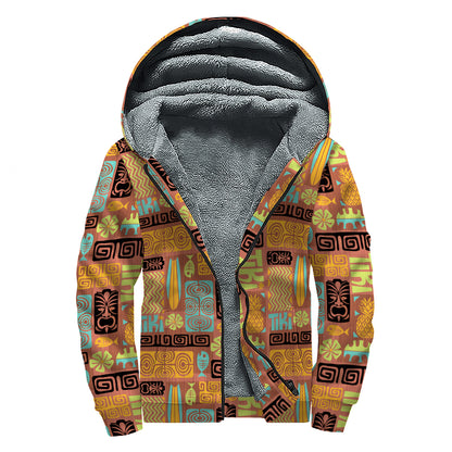 Ethnic Tiki Pattern Print Sherpa Lined Zip Up Hoodie