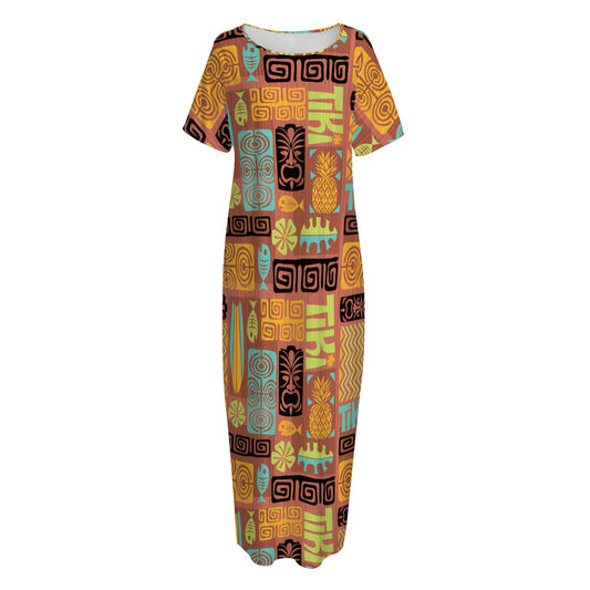 Ethnic Tiki Pattern Print Short Sleeve Long Nightdress