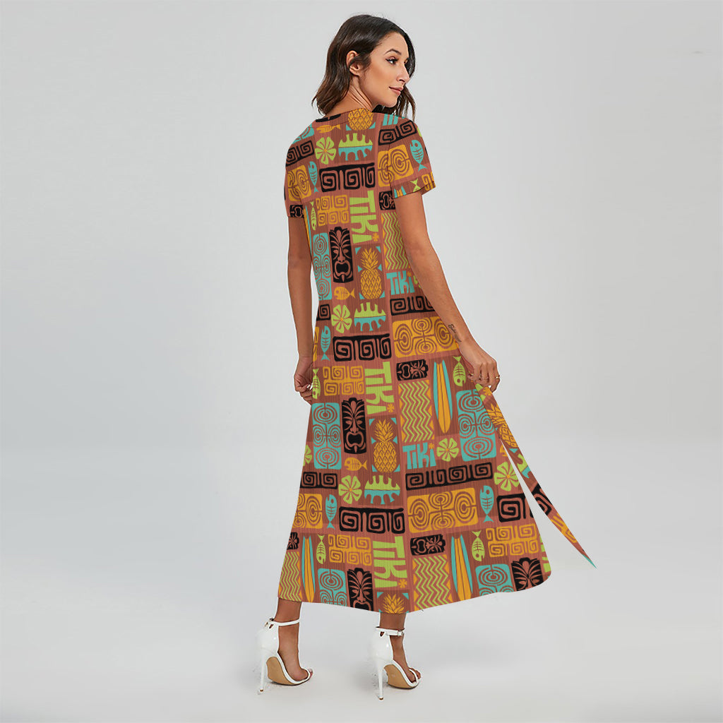 Ethnic Tiki Pattern Print Short Sleeve Maxi Dress