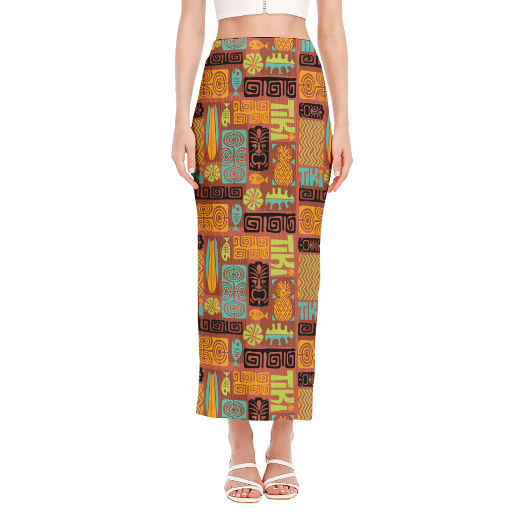 Ethnic Tiki Pattern Print Side Slit Maxi Skirt