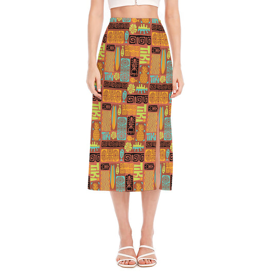 Ethnic Tiki Pattern Print Side Slit Midi Skirt