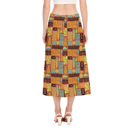 Ethnic Tiki Pattern Print Side Slit Midi Skirt