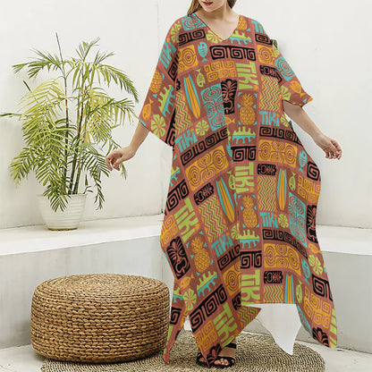 Ethnic Tiki Pattern Print Silk V-Neck Kaftan Dress