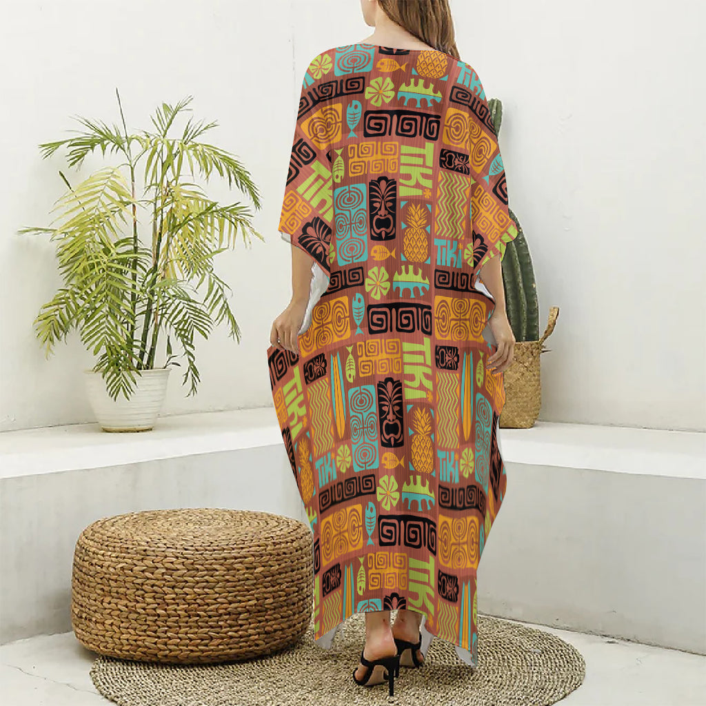 Ethnic Tiki Pattern Print Silk V-Neck Kaftan Dress