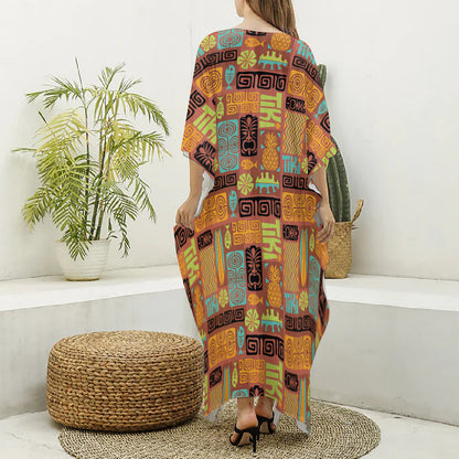 Ethnic Tiki Pattern Print Silk V-Neck Kaftan Dress