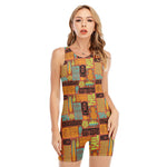 Ethnic Tiki Pattern Print Sleeveless One Piece Swimsuit