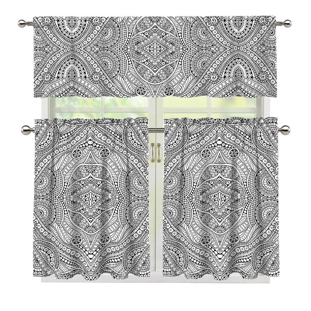 Ethnic Zentangle Pattern Print 3 Piece Kitchen Curtains