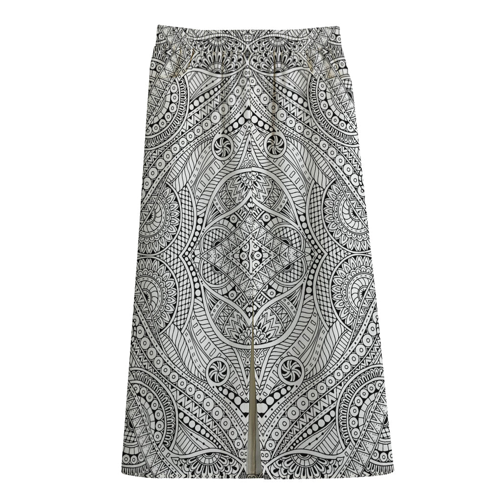 Ethnic Zentangle Pattern Print Cotton Front Slit Maxi Skirt