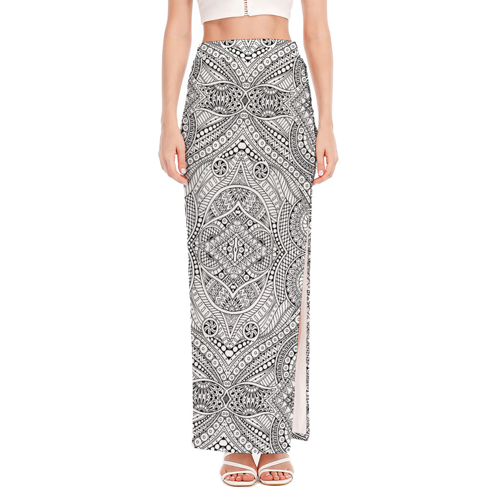 Ethnic Zentangle Pattern Print High Slit Maxi Skirt